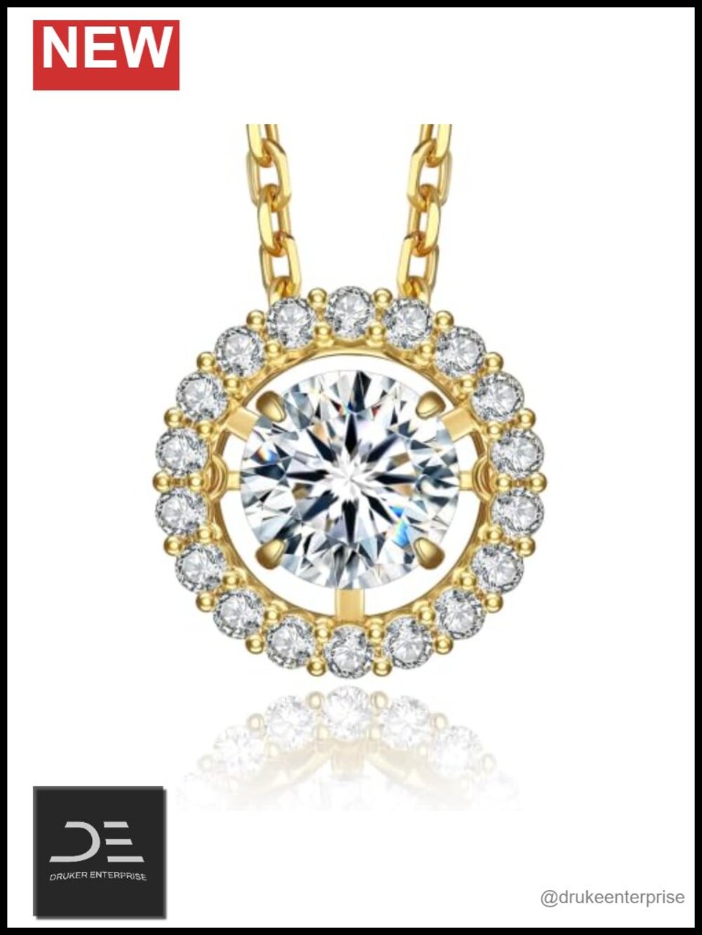 Dancing Moissanite Pendant Necklace 14K Gold Plated Copper Halo Sparkle Gift